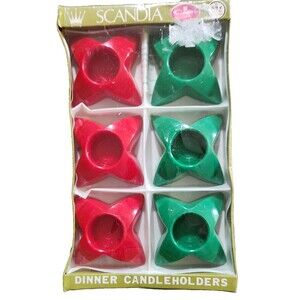 Vintage 1967 Capri Scandia Dinner Candleholders w/Box  Plastic Red Green Stars